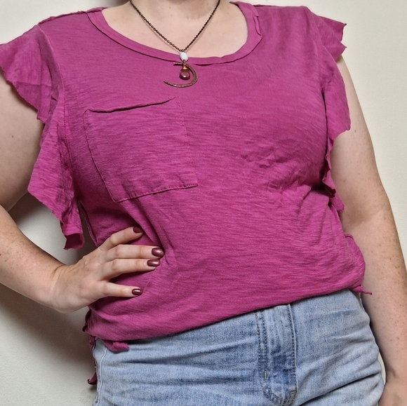Free People So Easy Pink Ruffle Sleeve Pocket Modal & Cotton Blouse Size Small - Picture 1 of 11